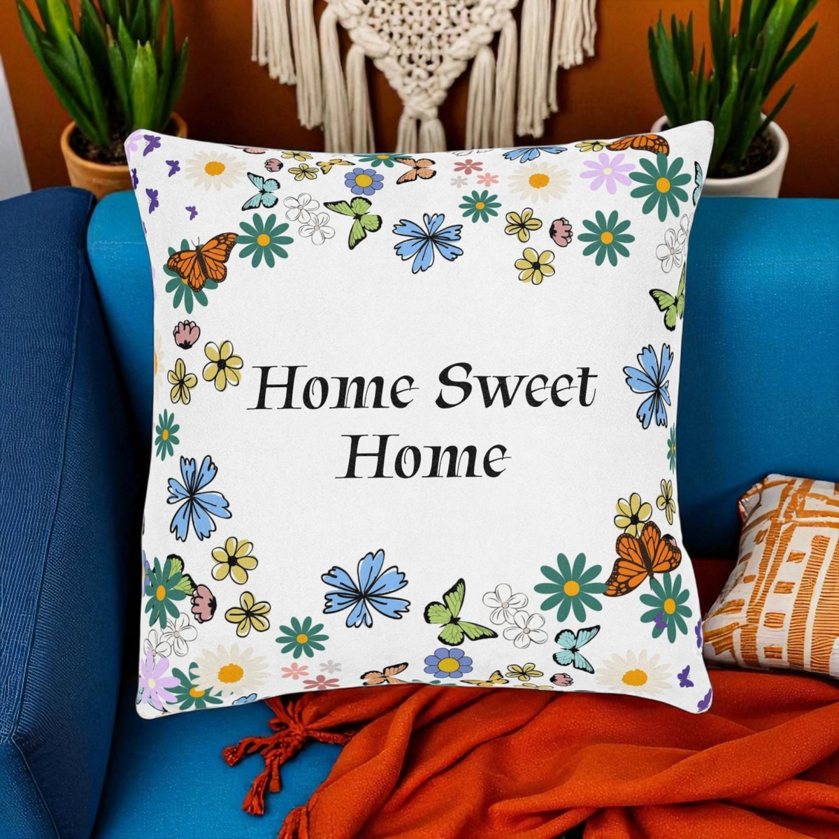 Floral Home Sweet Home Square Pillow - Cozy Decor for Living Room & Bedroom Printify