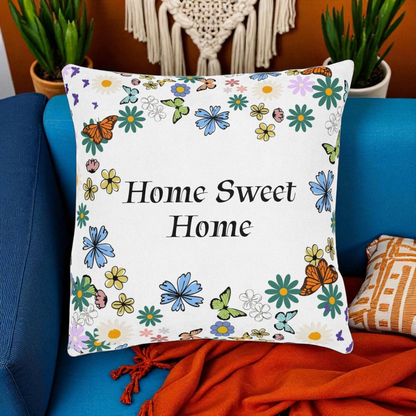 Floral Home Sweet Home Square Pillow - Cozy Decor for Living Room & Bedroom