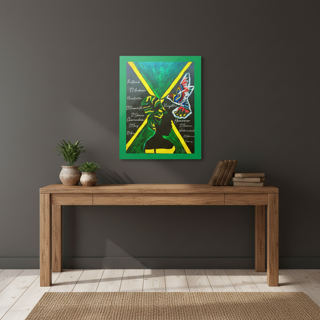 Handcrafted Ethnic Wall Art - Jamaican Female Portrait with Flag Colors, Cultural Home Accent Teespring