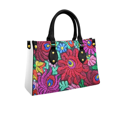 Women's Tote Bag Featuring Floral Embroidery Print and Black Handles