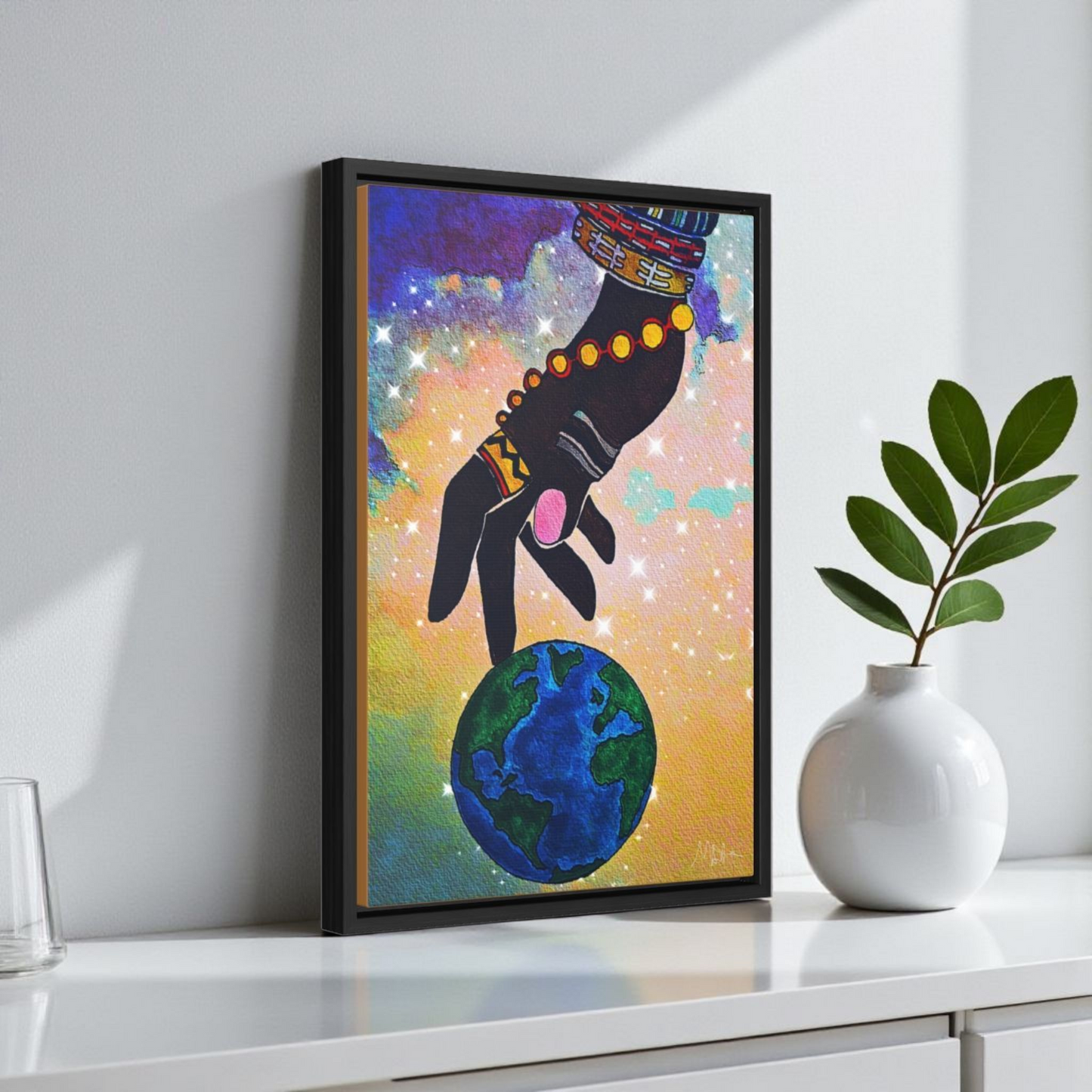 Cosmic Ethnic Wall Art - Handcrafted Astronomical Painting, Unique Space-Themed Decor, Vertica Frame