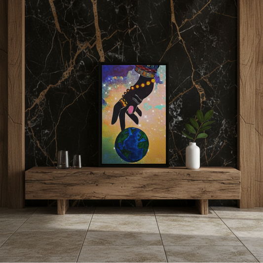 Cosmic Ethnic Wall Art - Handcrafted Astronomical Painting, Unique Space-Themed Decor, Vertica Frame