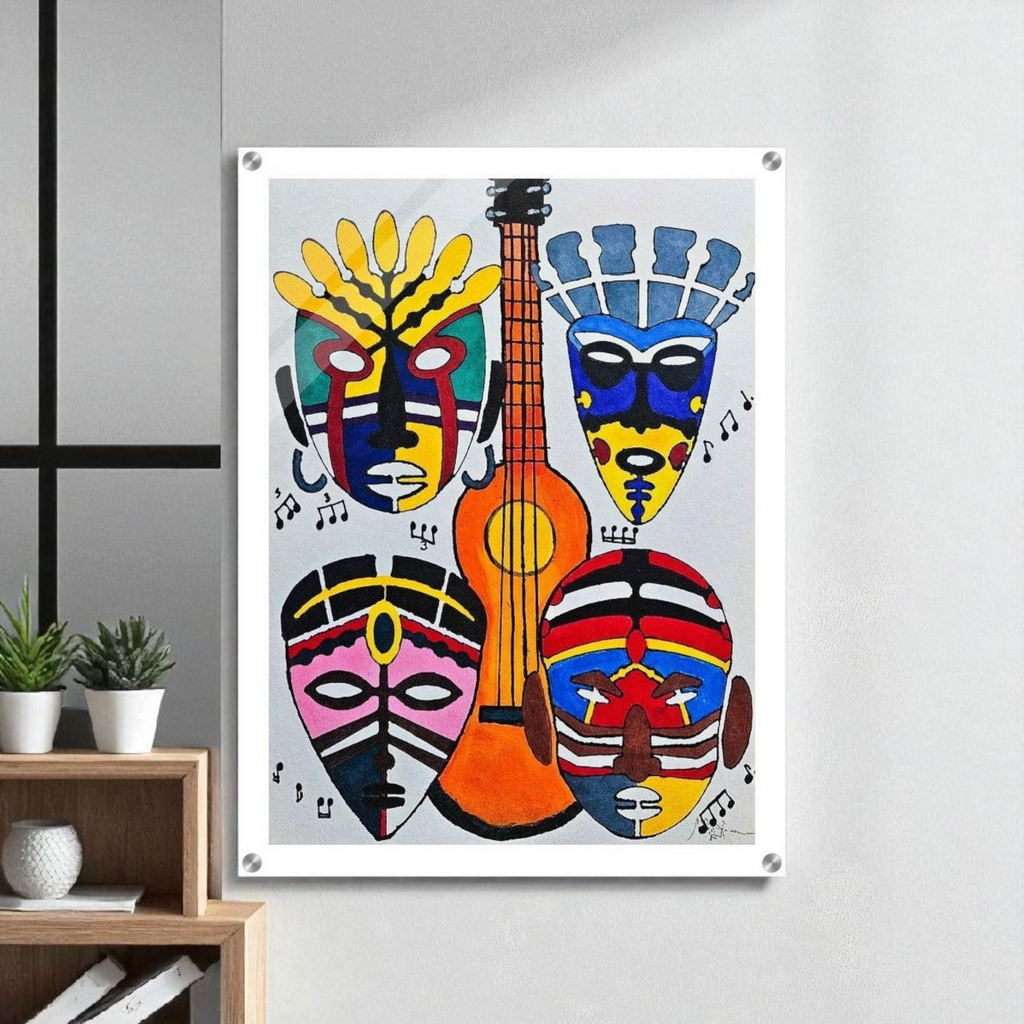 Handcrafted Artisanal Decor: Original Singing Tribal Masks Acrylic Artwork Gelato