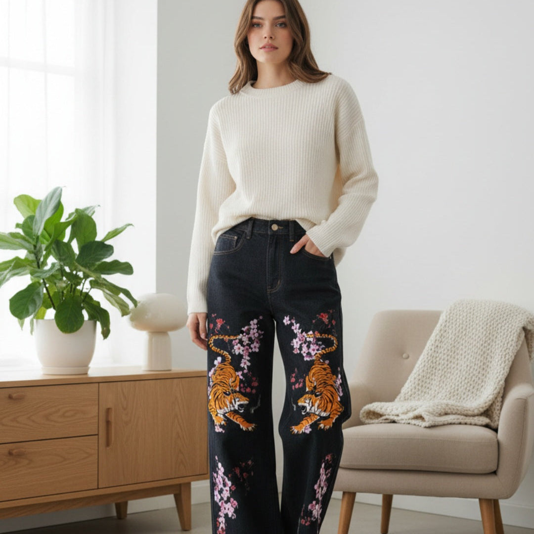 Colorful Tiger Art Graphic Women's Straight-Leg Denim Jeans