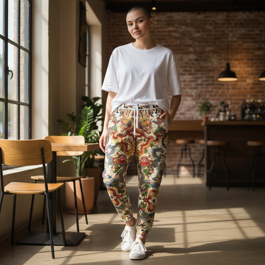 Vibrant Floral Dragon Print Athletic Joggers, Comfortable Unisex Sweatpants