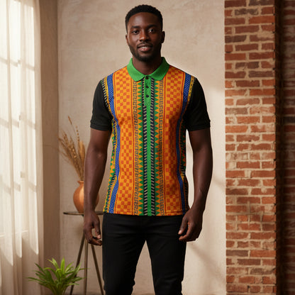 African Kente Stripe Polo Shirt — Vibrant Cultural Print Golf Polo