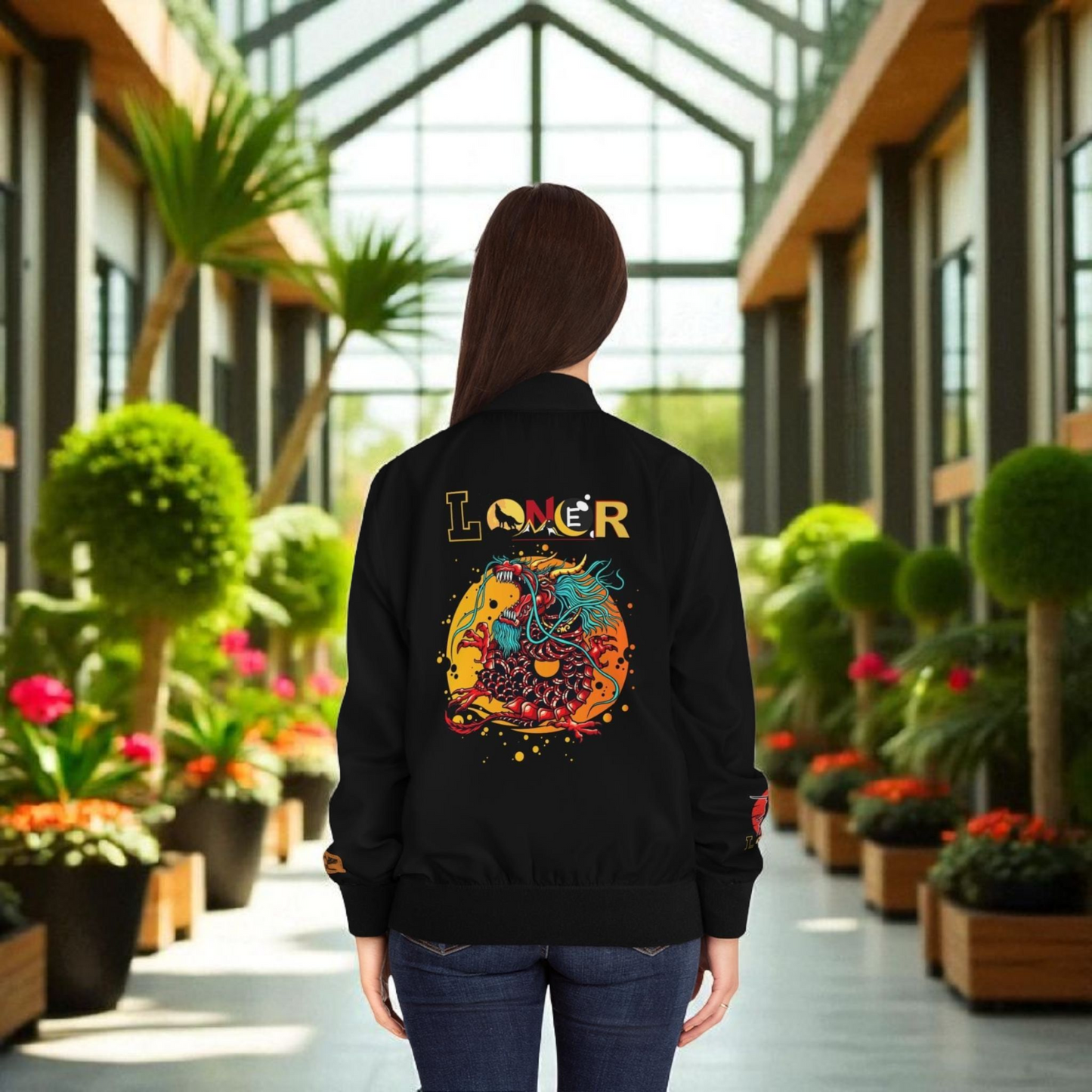 Dragon Graphic Women's Bomber Jacket, Mythical All Over Design, Zip Up Outerwear