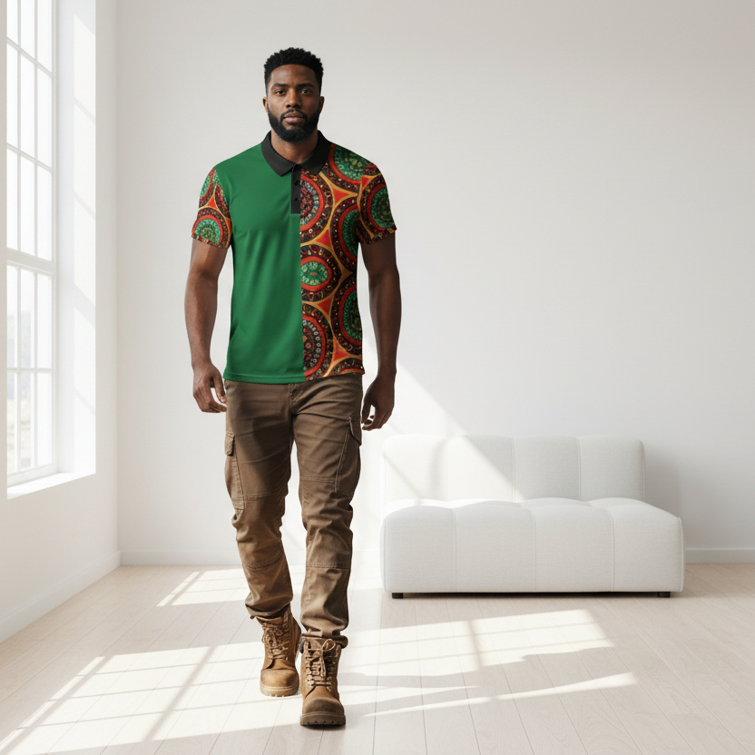 African Mandala Print, Unisex Polo Shirt — Bold Orange & Green Tribal Pattern