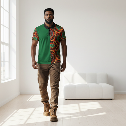 African Mandala Print, Unisex Polo Shirt — Bold Orange & Green Tribal Pattern