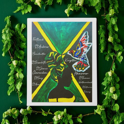 Vivid Hand Drawn Jamaican Woman Portrait, Patriotic Home Decor in Flag Colors