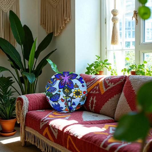 Tufted Floor Pillow - Artisanal Spring Floral Design, Round & Plush for Home Decor