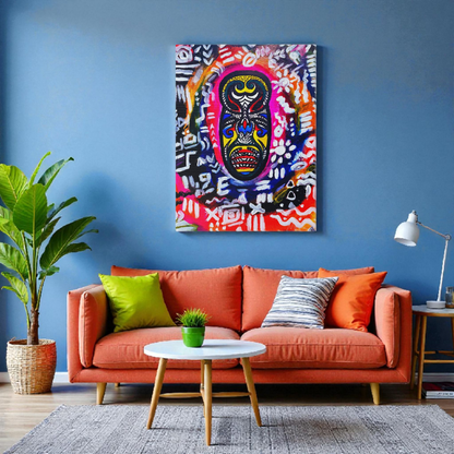 Artisan Tribal Mask Painting on Matte Stretched Canvas, Eco-Friendly Wall Art for Home Decor