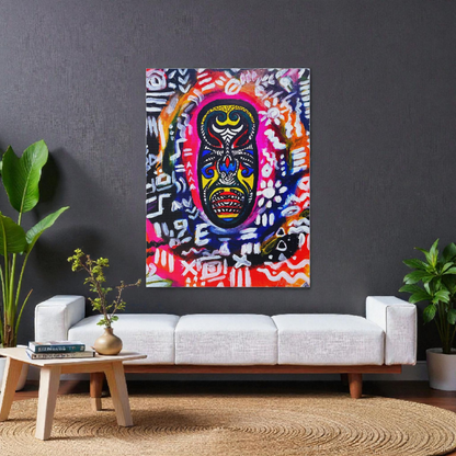 Artisan Tribal Mask Painting on Matte Stretched Canvas, Eco-Friendly Wall Art for Home Decor