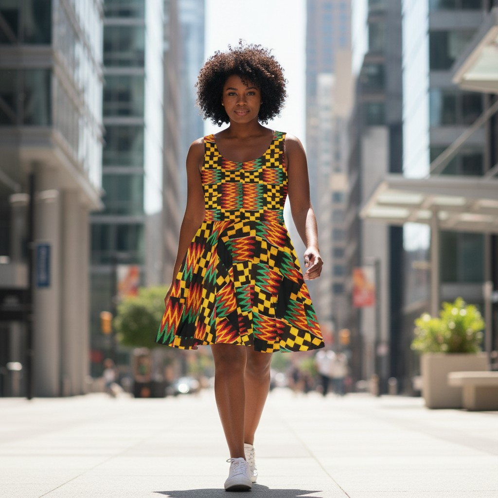 Kente Print Skater Dress — African-Inspired Bold Pattern Sundress