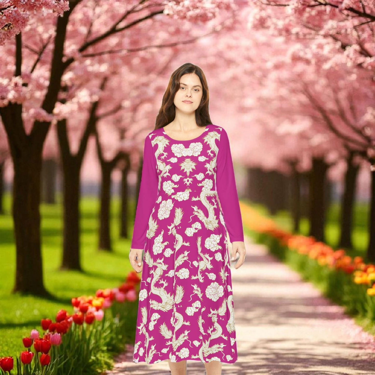 Pink Floral & Gragon Print Long Sleeve Dance Dress | Boho Style, Vintage Inspired
