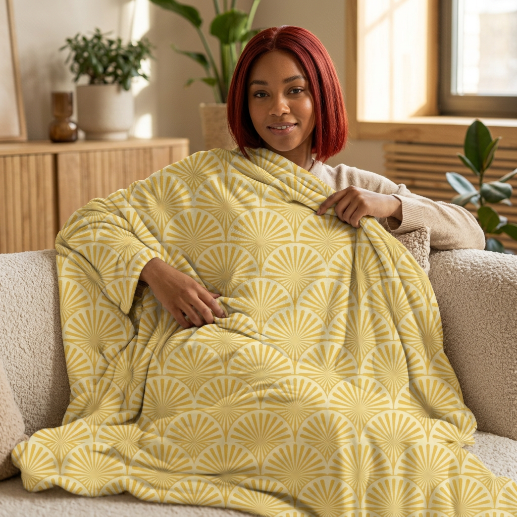 Golden Art Deco Fan Pattern Sweatshirt Blanket — Cozy Retro Throw for Home & Gifts