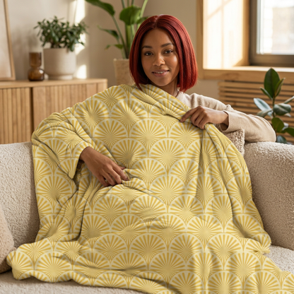 Golden Art Deco Fan Pattern Sweatshirt Blanket — Cozy Retro Throw for Home & Gifts