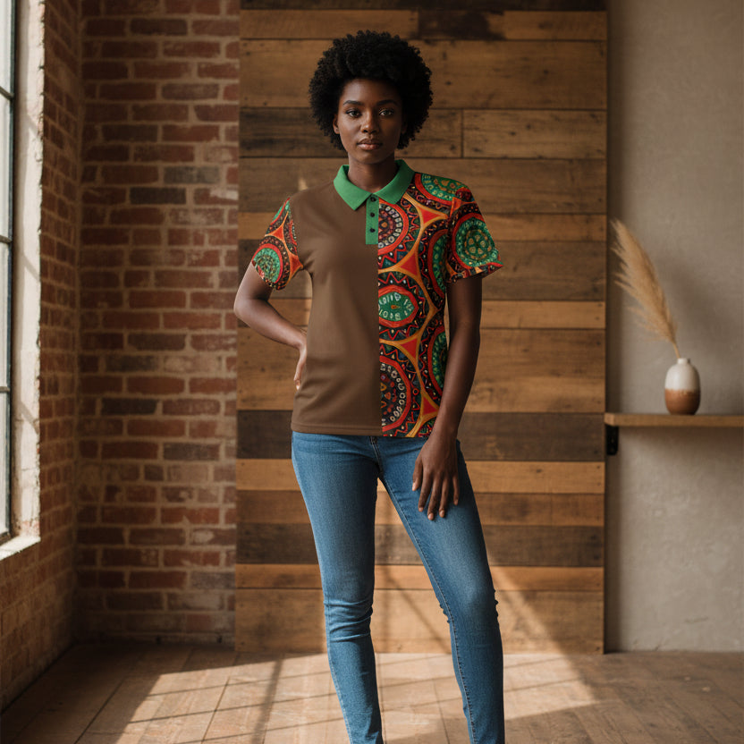 African-Inspired Half-Print Polo Shirt — Bold Tribal Mandala Design Printify