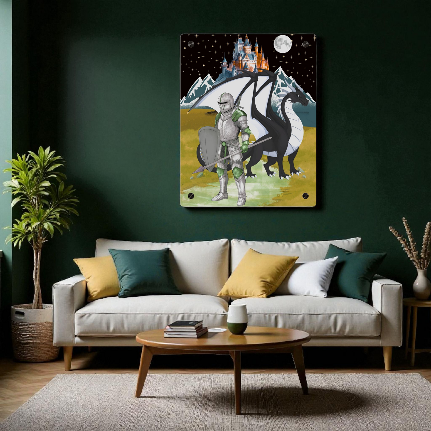 Knight and Dragon Acrylic Wall Art Panel — Fantasy Castle Nightscape Décor