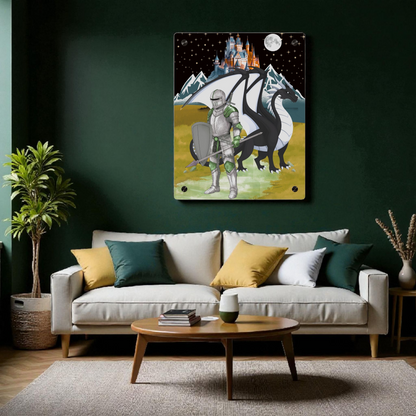 Knight and Dragon Acrylic Wall Art Panel — Fantasy Castle Nightscape Décor