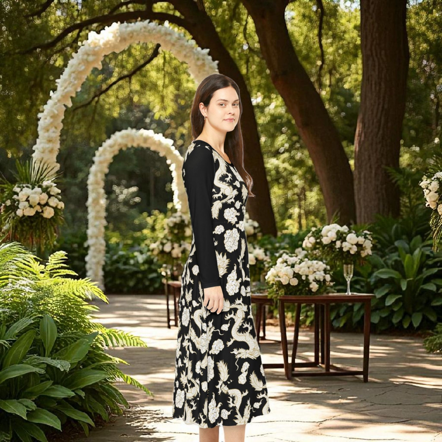 Beautiful Dragon Long Sleeve Dance Dress | Boho Style, Dance Wear, Vintage Inspired, Garden Party Dress, Mother’s Day Gift