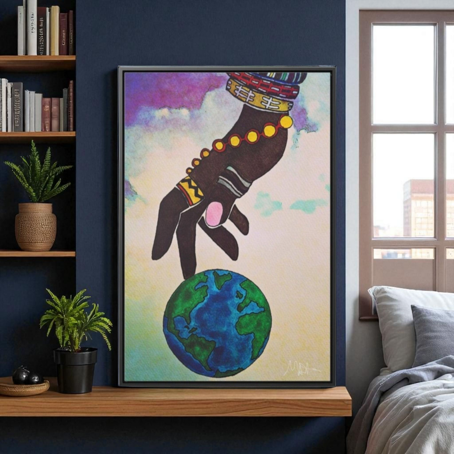 Astronomical Ethnic Wall Art - Stargazer's Dream, Cultural Celestial Scene, Vertical Frame