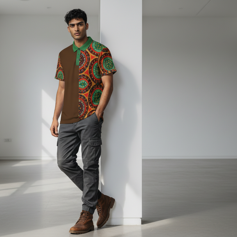 African-Inspired Half-Print Polo Shirt — Bold Tribal Mandala Design