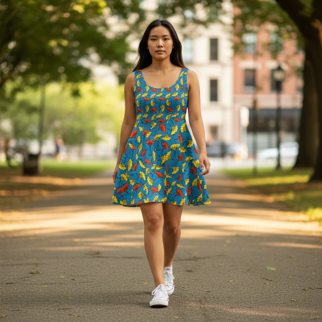 Tropical Leaf Skater Dress — Bright Blue All-Over Print Women's Dress