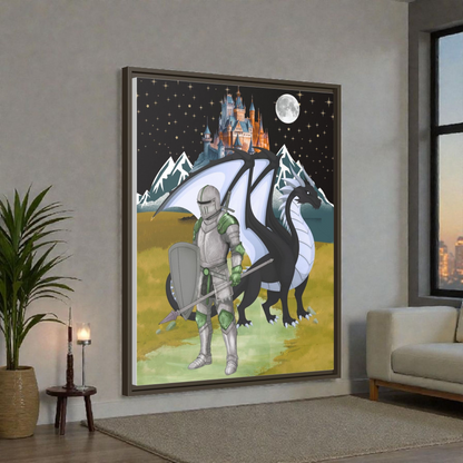 Framed Matte Canvas - Knight and Dragon Fantasy Art