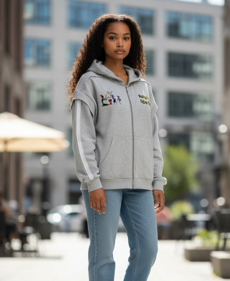 Jazz Singer Graphic Double Layered Zip Hoodie, Contrast Tape Raw Edge