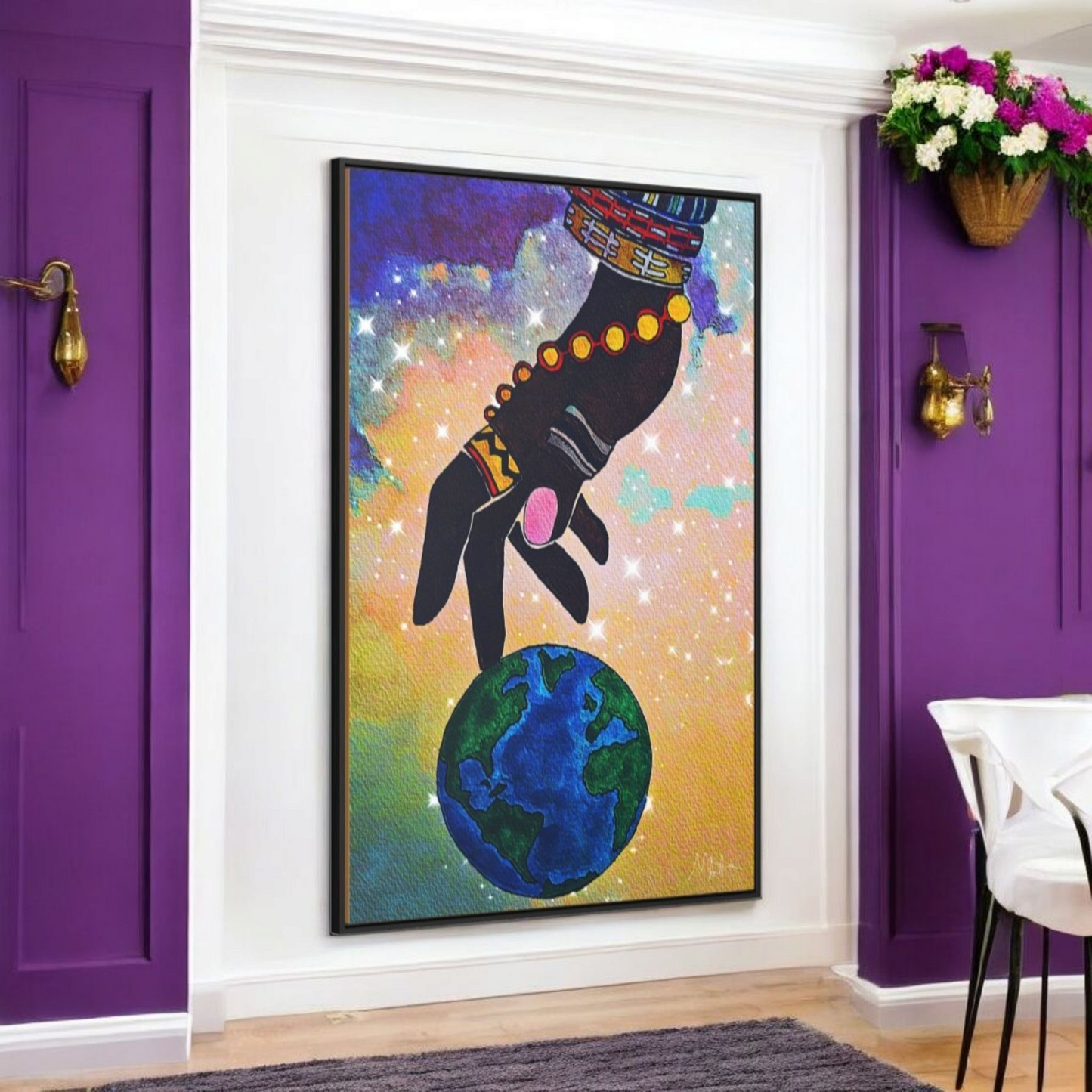 Cosmic Ethnic Wall Art - Handcrafted Astronomical Painting, Unique Space-Themed Decor, Vertica Frame