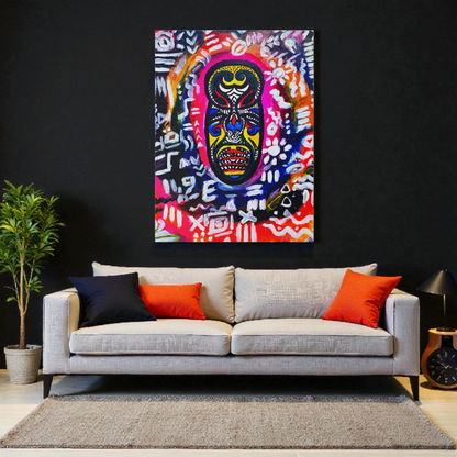 Artisan Tribal Mask Painting on Matte Stretched Canvas, Eco-Friendly Wall Art for Home Decor