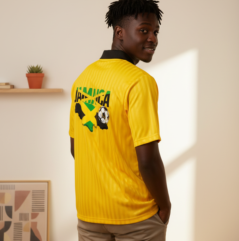 Jamaican Flag Themed Unisex Graphic Contrast Collar Striped Soccer Jersey