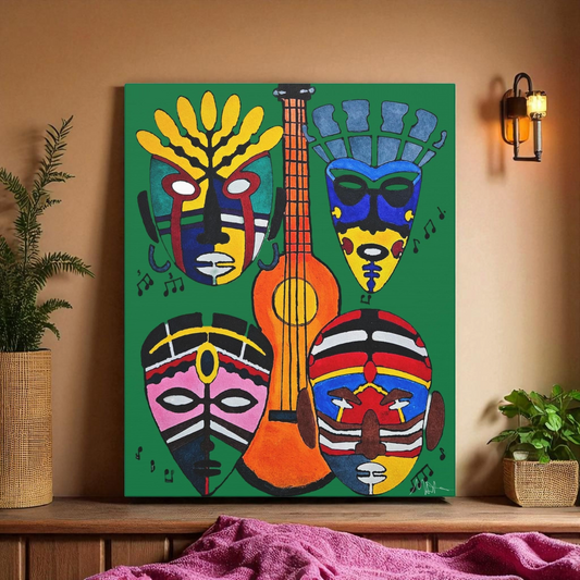 Tribal Mask Canvas, Singing Mask Painting, Wall Art Decor, Home Office Decoration
