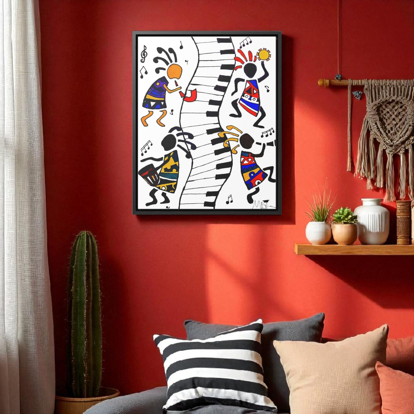 Tribal Music Wall Art, Original Hand Drawn Piece, Cultural Home Decor, Vertical Frame