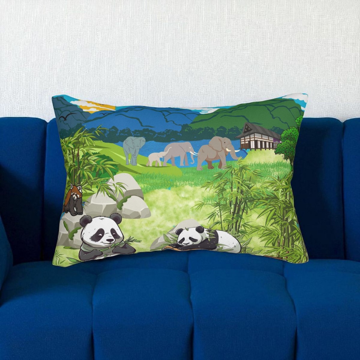 Cozy Wildlife Lumbar Pillow - Nature-Inspired Panda & Elephant Design Printify