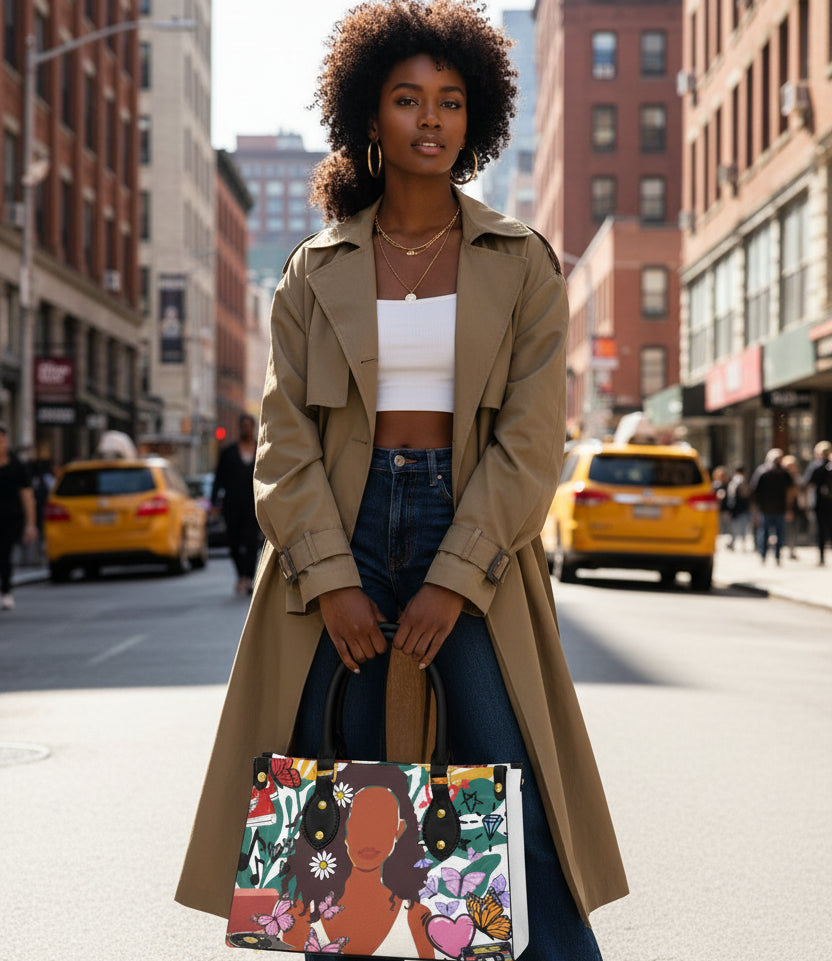 Afro Art and Music Inspired Graphic Women's Tote Bag With Black Handle