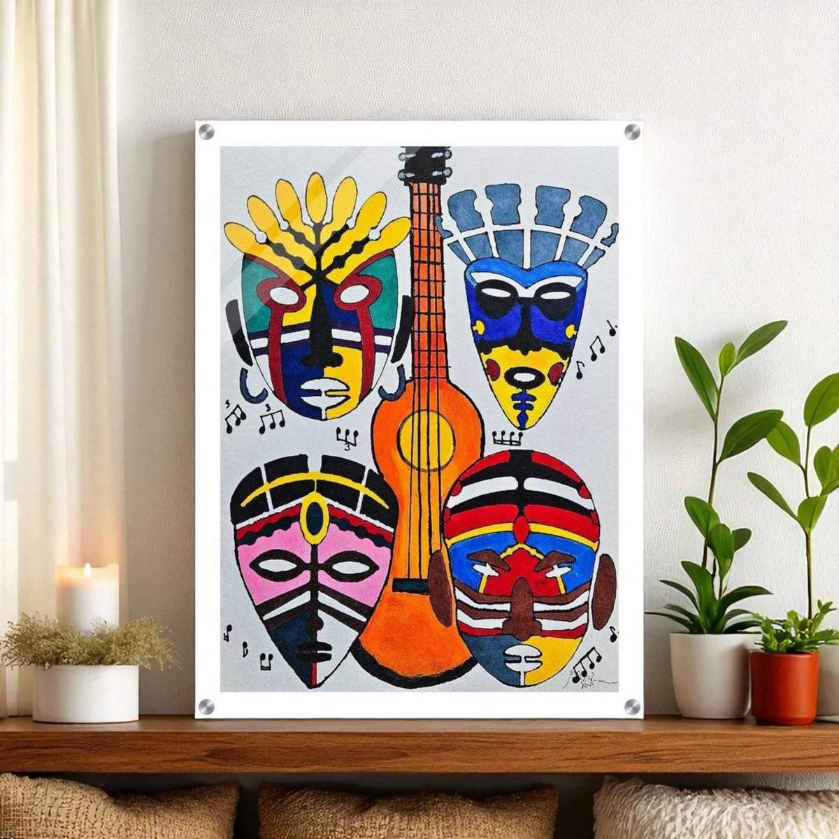 Handcrafted Artisanal Decor: Original Singing Tribal Masks Acrylic Artwork Gelato