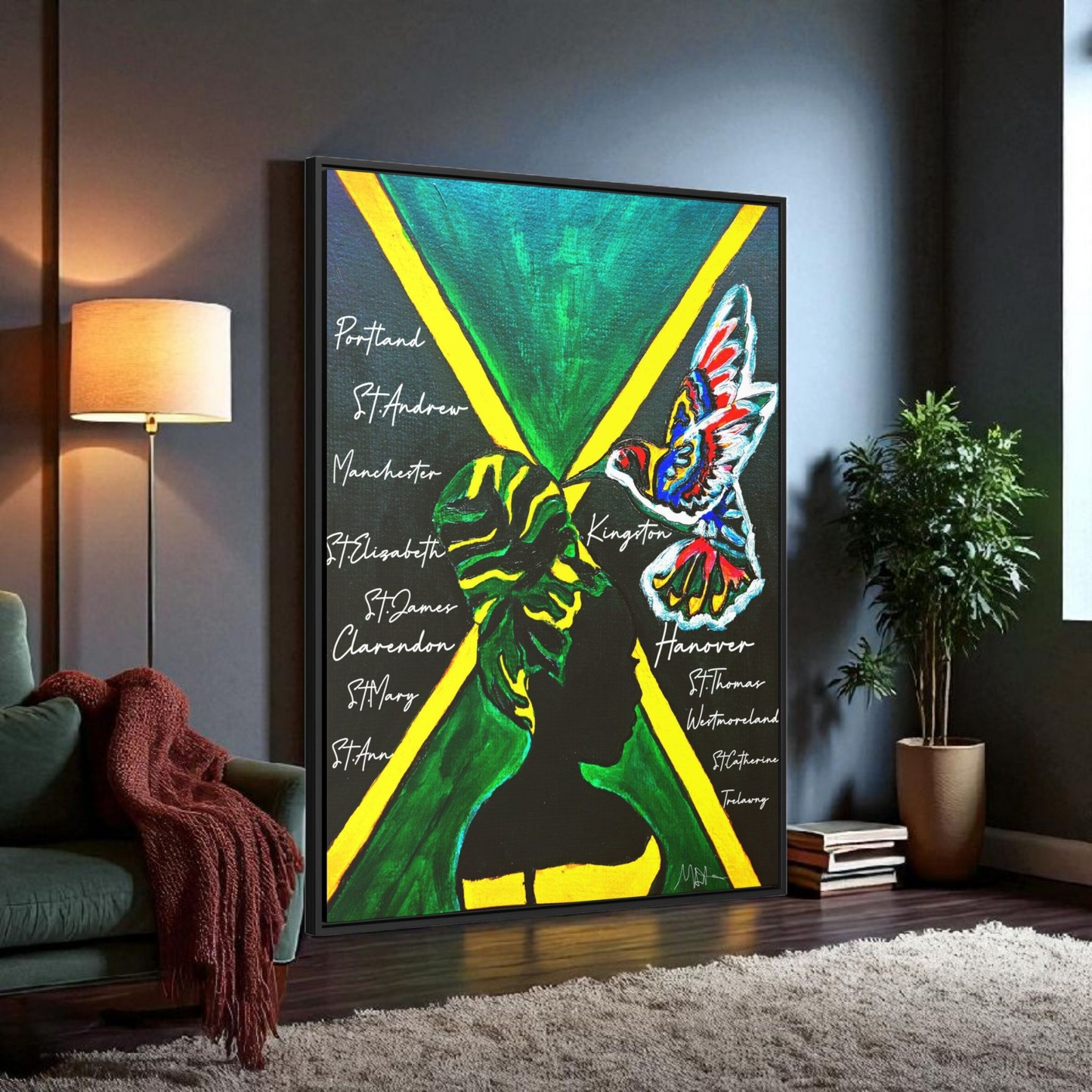 Hand-Painted Jamaican Flag Canvas Wrap - Original Vertical Frame for Living Room Art