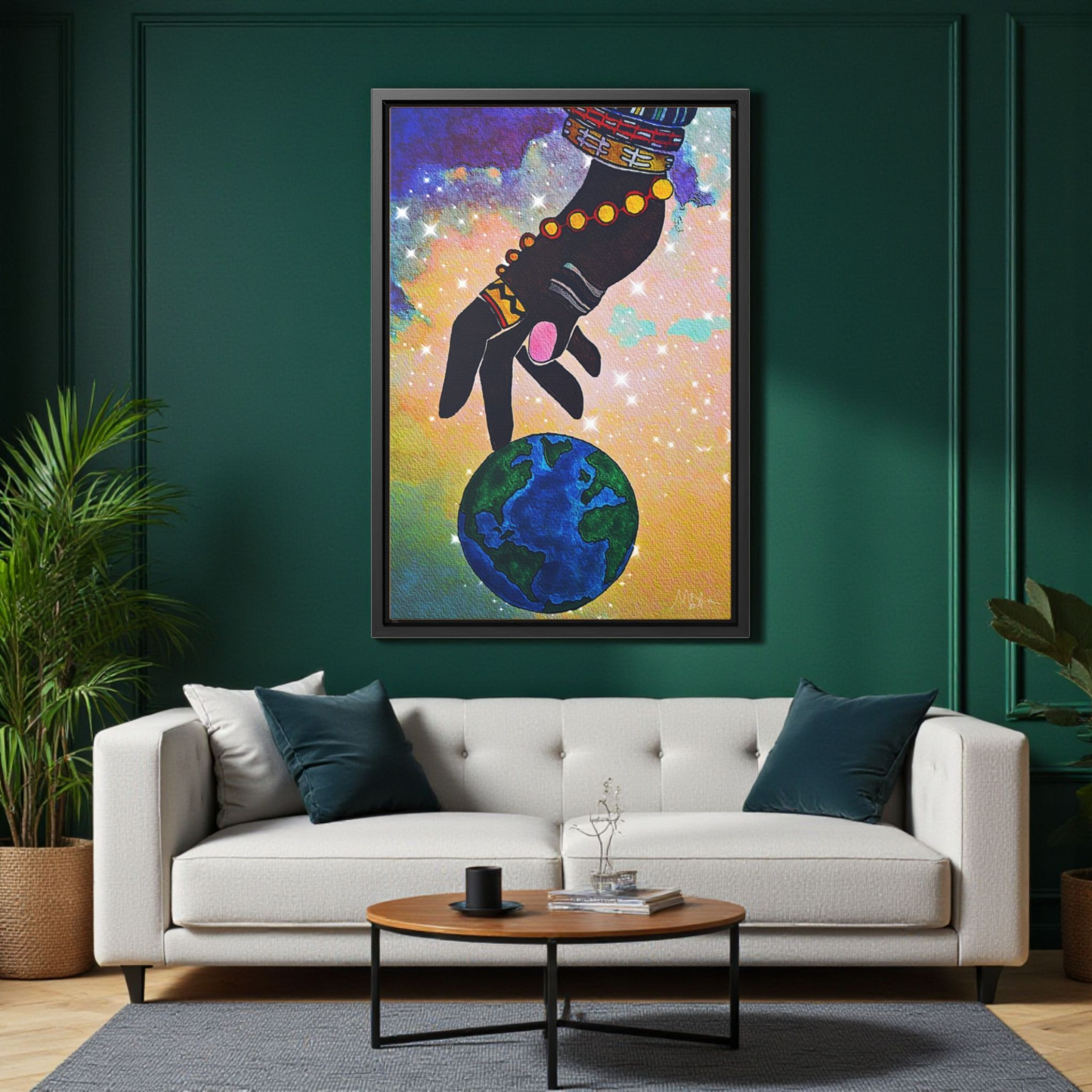 Cosmic Ethnic Wall Art - Handcrafted Astronomical Painting, Unique Space-Themed Decor, Vertica Frame