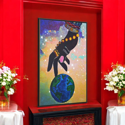 Cosmic Ethnic Wall Art - Handcrafted Astronomical Painting, Unique Space-Themed Decor, Vertica Frame