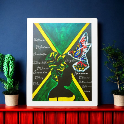 Handcrafted Ethnic Wall Art - Jamaican Female Portrait with Flag Colors, Cultural Home Accent