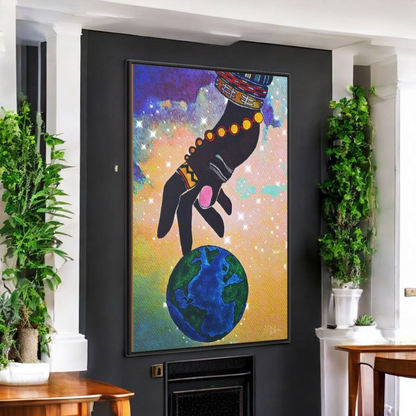 Cosmic Ethnic Wall Art - Handcrafted Astronomical Painting, Unique Space-Themed Decor, Vertica Frame