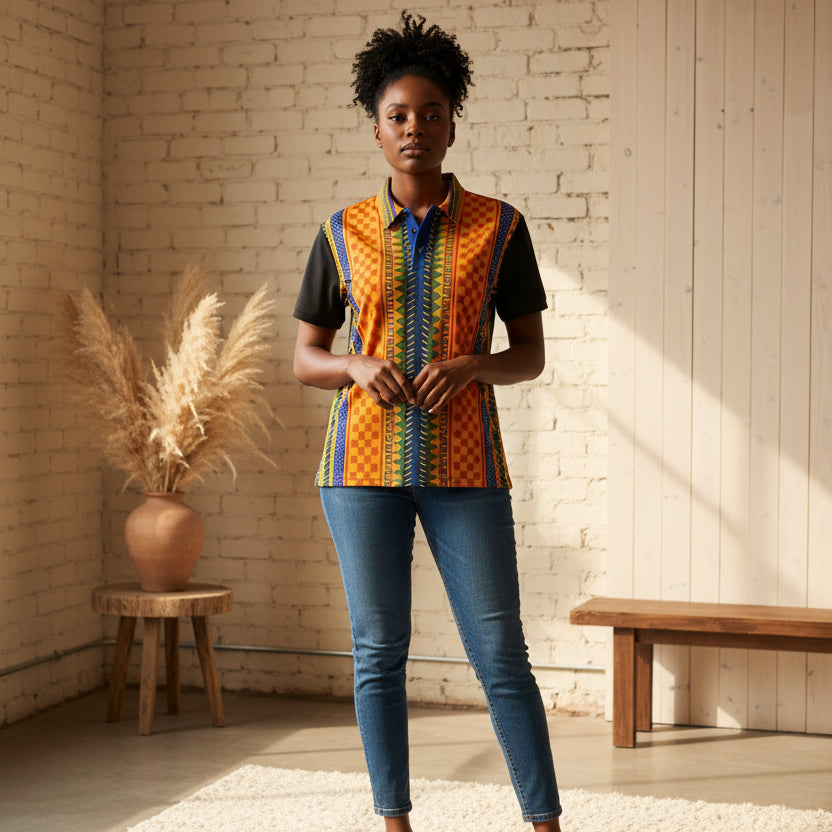 African Kente Stripe Polo Shirt — Vibrant Cultural Print Golf Polo Printify
