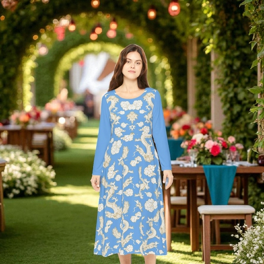 Beautiful Dragon Print Long Sleeve Dance Dress | Boho Style, Dance Wear, Vintage Inspired