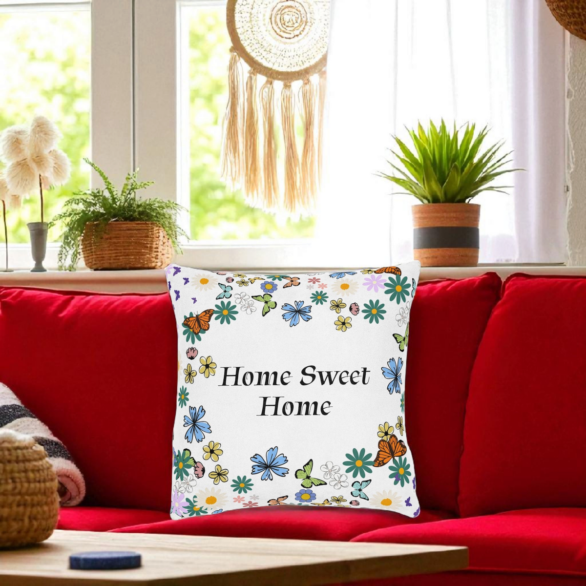 Floral Home Sweet Home Square Pillow - Cozy Decor for Living Room & Bedroom Printify