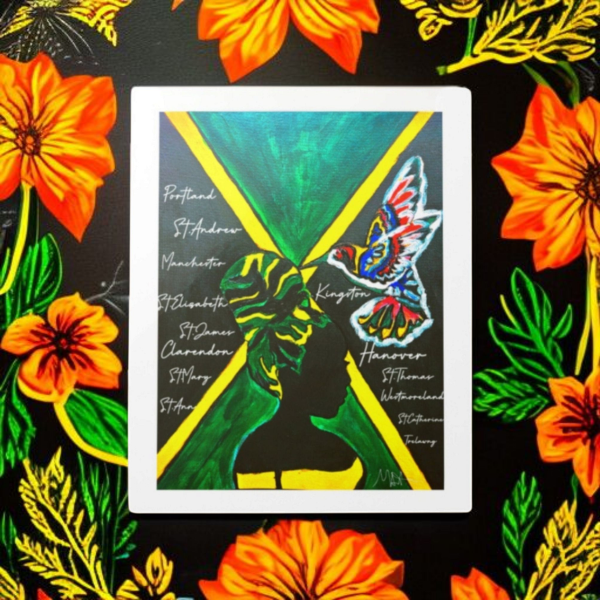 Handcrafted Ethnic Wall Art - Jamaican Female Portrait with Flag Colors, Cultural Home Accent Teespring