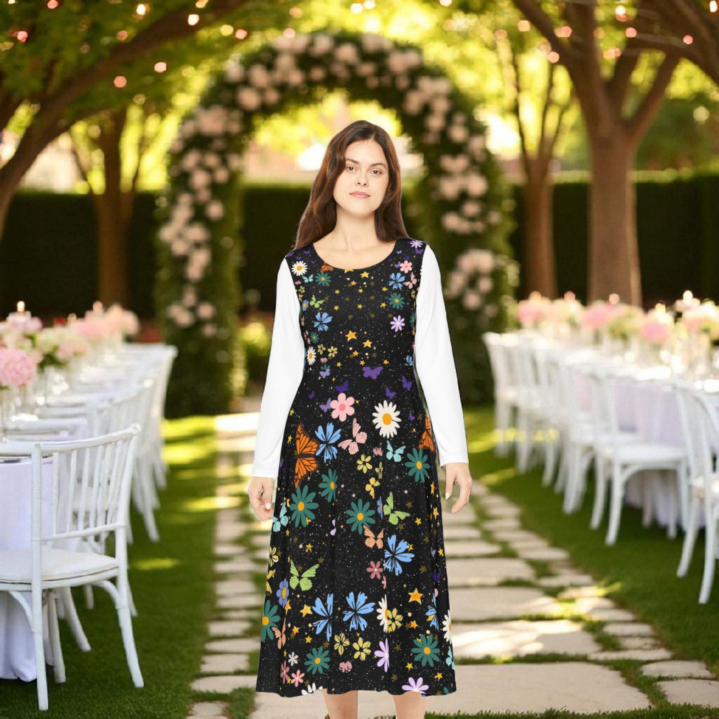 Celestial Floral Long Sleeve Dance Dress - Perfect for Parties, Events, Spring Celebrations