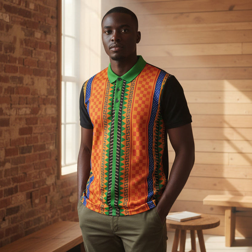 African Kente Stripe Polo Shirt — Vibrant Cultural Print Golf Polo
