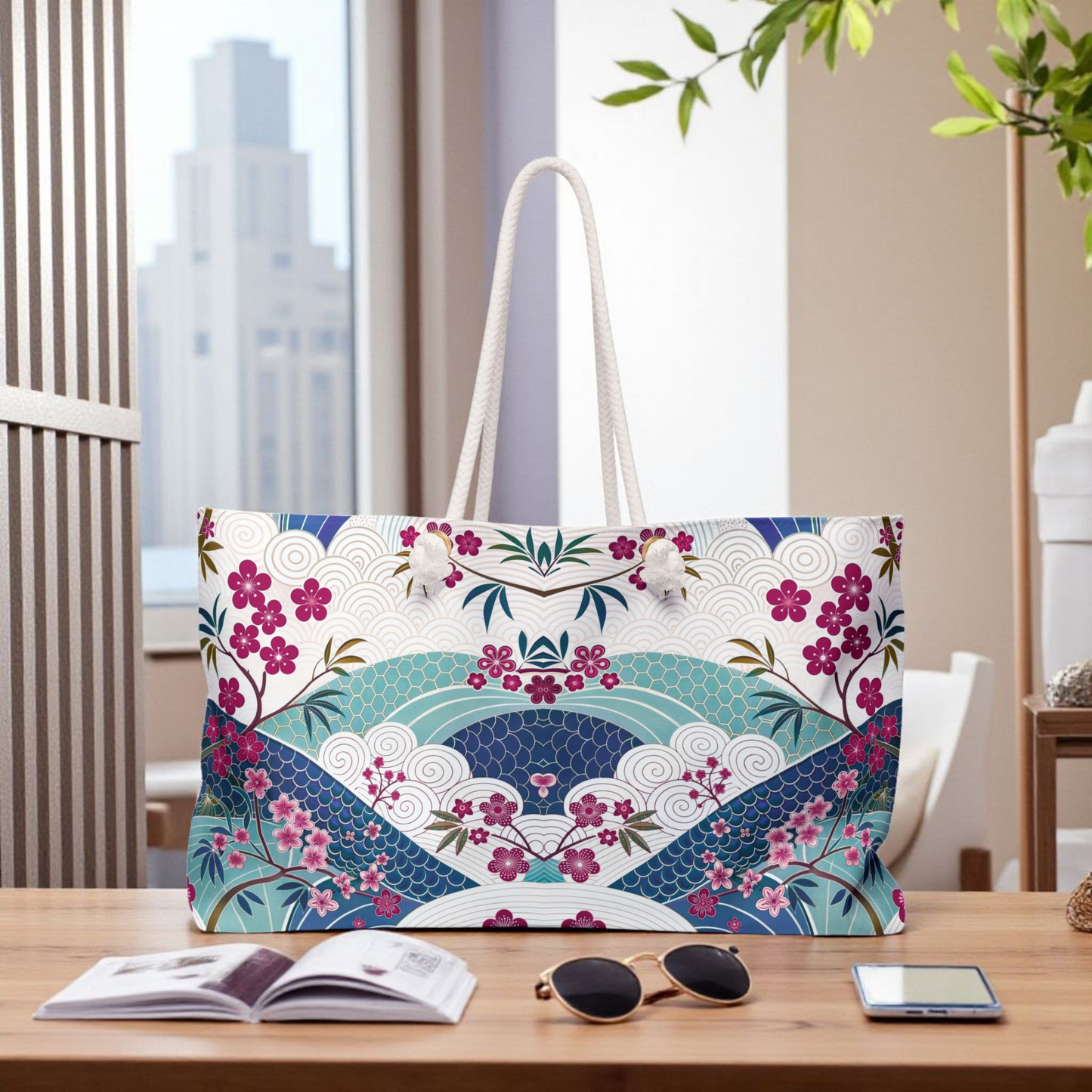 Japan Inspired  Stylish Floral Weekender Bag, Travel Tote, Floral Travel Bag